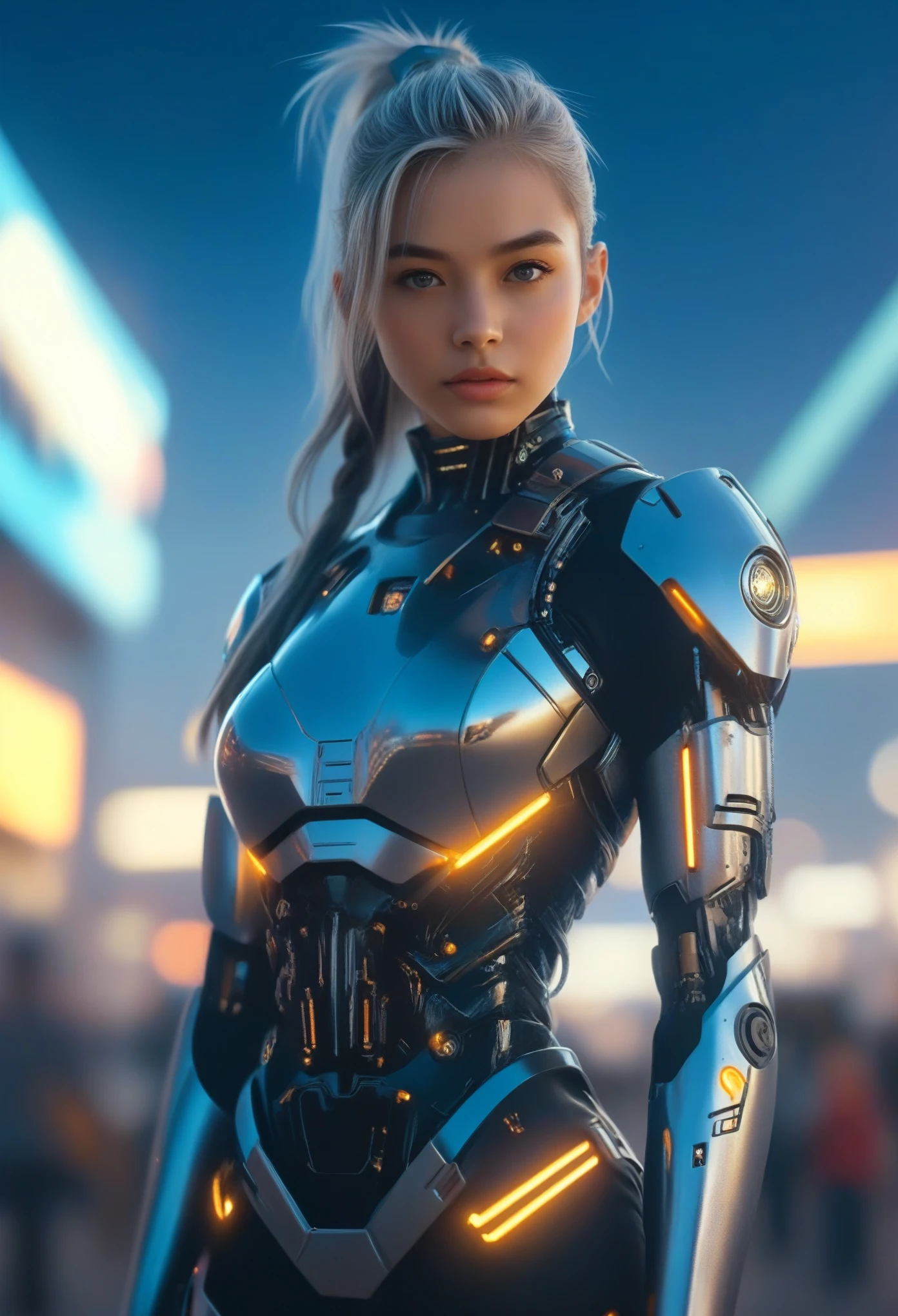 masterpiece, 4k, 8k, highres, (realistic:1.37), (photorealistic:1.37), (photo-realistic:1.37), ultra-detailed, (detailed cyborg:1.2), 1 beautiful 15yo girl, (cyberpunk ninja:1.2), wearing a mechanical armor, starry sky, performer, cape, headband, thin legs, long gray hair, depth of field, blurred background