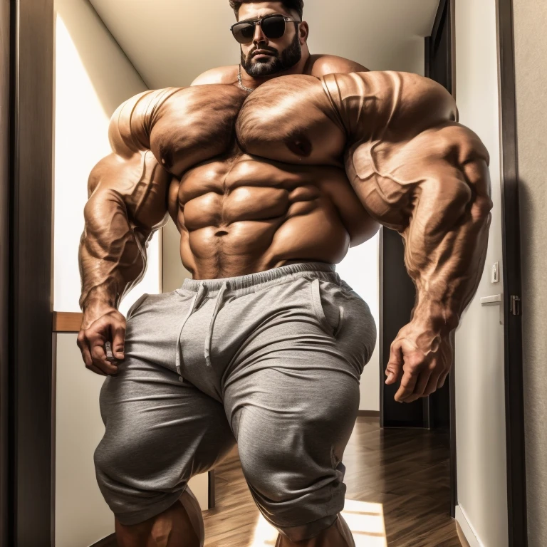 Bulge, hyper growth, hyper muscles, a very handsome young man, white skin, sunglasses, shirtless wearing gray shorts, exaggeratedly huge body, exaggeratedly muscular, exaggeratedly huge muscles, exaggeratedly huge arms, biceps and shoulders, with exaggeratedly huge pecs, with an exaggeratedly huge bulge, standing in an apartment