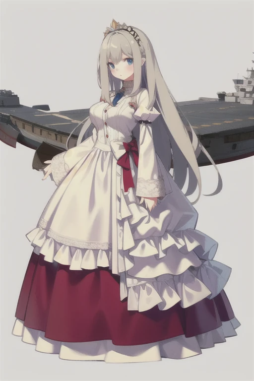 lexington \(warship girls r\),((Best quality))), ((Ultra-detailed)), ((illustration)), ((Disheveled hair)), ((frilld)), (1 girl), (Solo),,((Best quality))), ((Ultra-detailed)), ((illustration)), ((Disheveled hair)), ((frilld)), (1 girl), (Solo),,1girl, holding, looking_at_viewer, open_mouth, solo, rating:safe, black_bow, bow, clothing, crown, dress, female, frilled_dress, frills, hair_flaps, headwear, juliet_sleeves, long_hair, long_sleeves, makaria, :o, puffy_sleeves, red_dress, scepter, standing, wide_sleeves, flaxen long hair(delicate hair),blue eyes(delicate eyes),