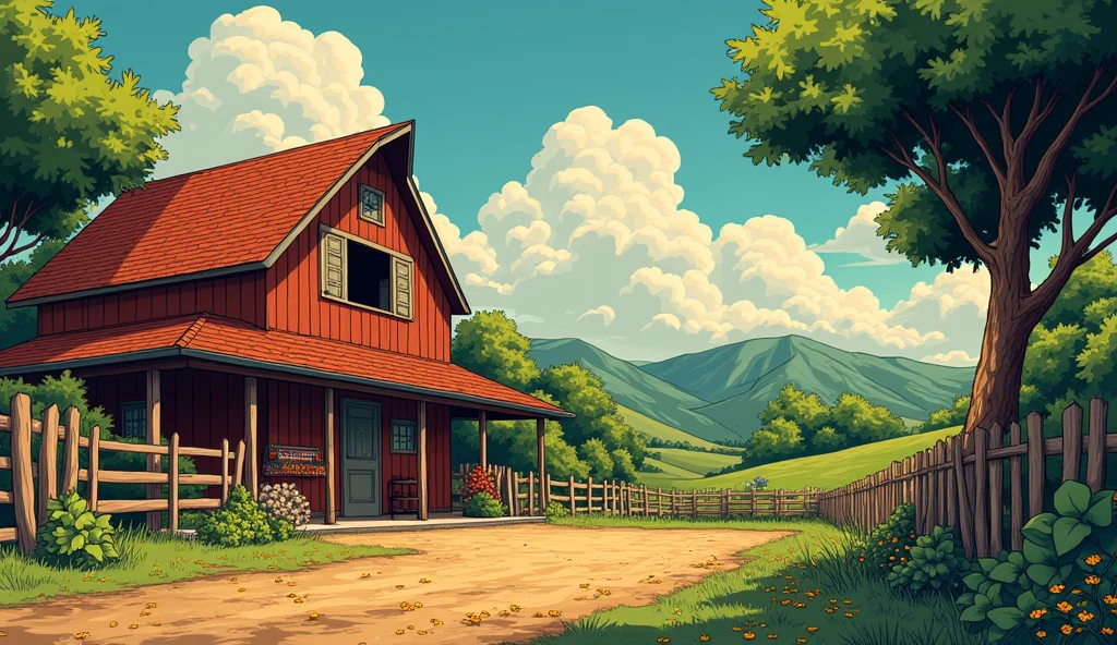 Create a dynamic and vivid comic book style illustration reminiscent of Hayao Miyazaki&#39;s distinctive style of a barn or stable (corral) Void
