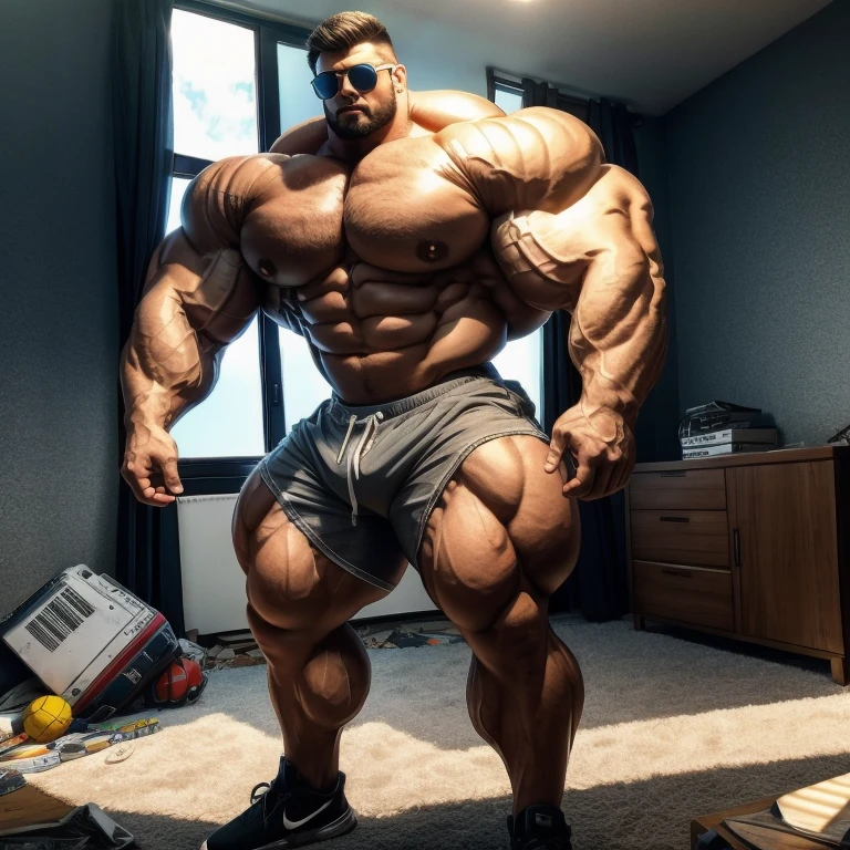 hyper growth, hyper muscles, a very handsome young man, white skin, sunglasses, shirtless wearing gray shorts, exaggeratedly huge body, exaggeratedly muscular, exaggeratedly huge muscles, exaggeratedly huge arms, biceps and shoulders, with exaggeratedly huge pecs, with an exaggeratedly huge bulge, standing in a destroyed apartment