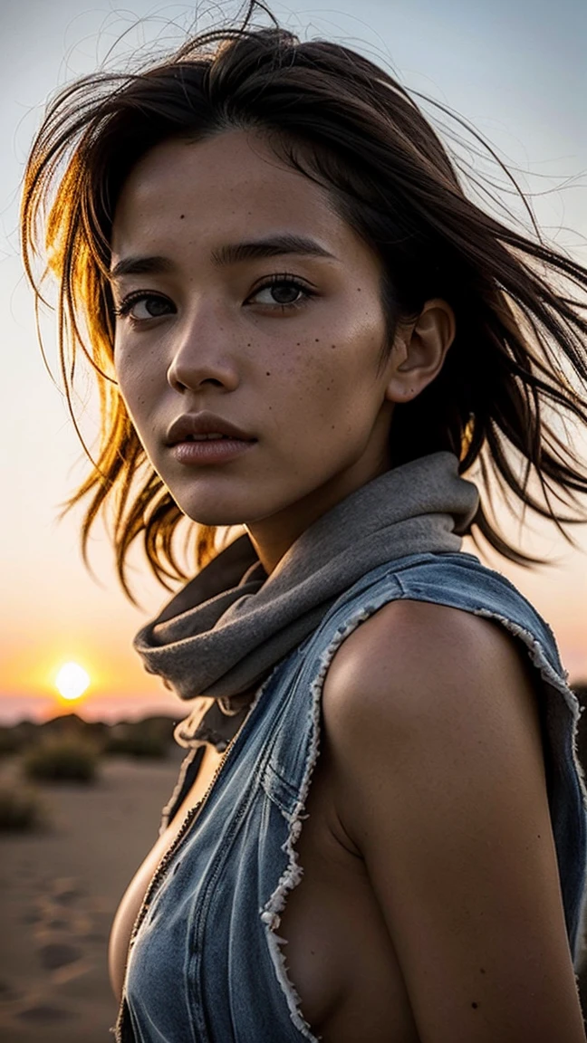 masterpiece, Transition to a desert landscape at sunset, a lonely figure, A beautiful 13-year-old American ager emerges wearing beautiful post-apocalyptic nomadic clothes., White skin, by rubio, gray blue eyes, Freckles in the face, slim body for running, small breasts, Very detailed face, ultra realistic face, very beautiful face, clean but tired face, post-apocalyptic clothing. Layers of tattered fabric, unconventional accessories, and a worn appearance create an aura of survival and resistance., 16k, ultra high resolution.photorealistic, HD, raw, DSLR, with the face of jeniffer lawrence