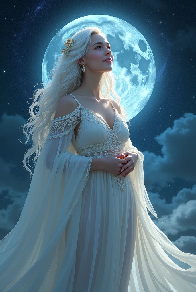 Moon Goddess The background is a fantastic starless night Face is clearly visible from the front Celtic white clothing smile