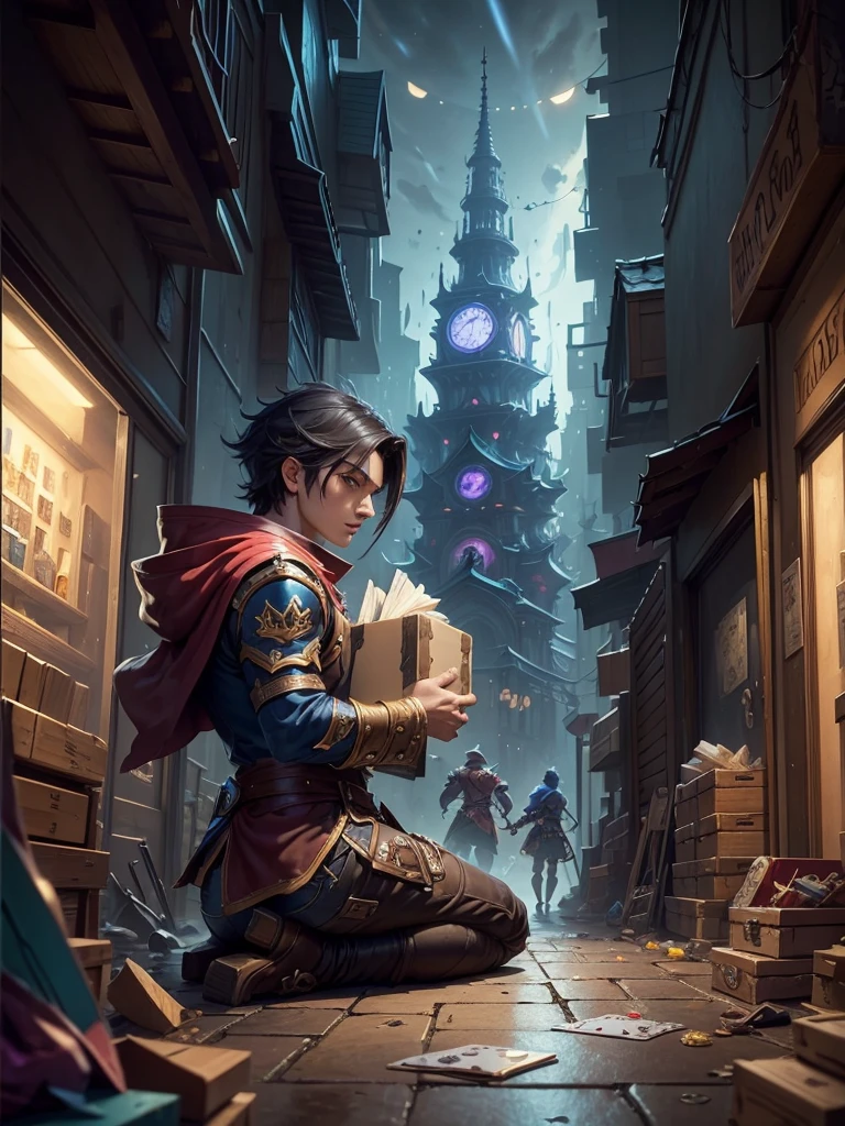 ((best quality)) , ((masterpiece)) , (detailed),In the style of League of Legends splash art, a fantasy card player holds cards in hand and boxes lie on the floor in a night time city alleyway.