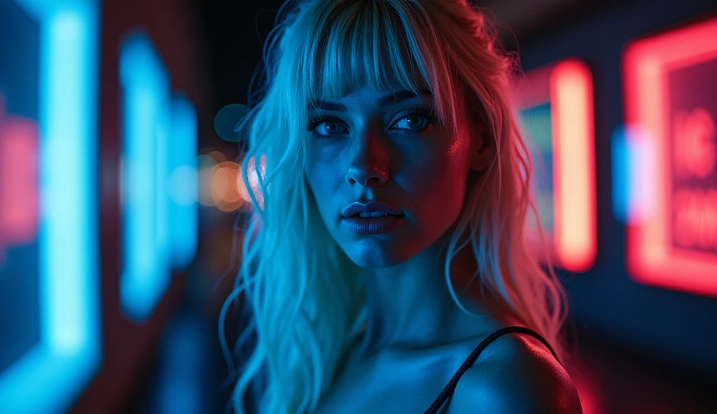 ((best quality)), ((​masterpiece)), (detailed), ((background Cyber)), wet look, ((blond long Hair)), ((Intricate detailing, in the night time, Contre-Jour, random neon color, View from afar, random pose, blue latex bodysuit, face focus, hell picture, light face, big boobs)), (face brightly lit), ((full body view)), 8k