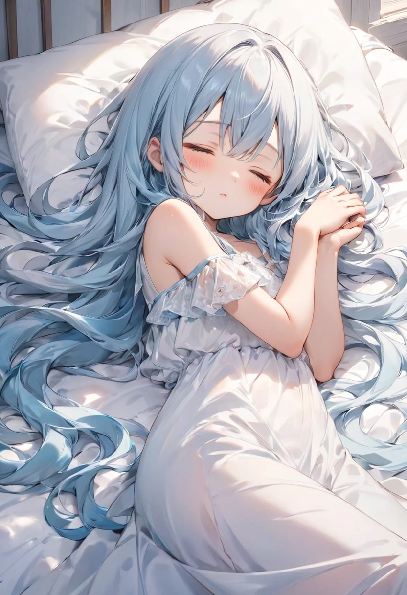 solo,, masterpiece, best quality, extremely detailed, (illustration, official art:1.1), 1 girl ,(((( light blue long hair)))), ,(((( light blue long hair)))),light blue hair, , long hair ((blush)) , cute face, big eyes,One girl, fluffy、Loose、A heartwarming world、masterpiece, Highest quality,Super detailed, One girl, From above,Little,,Sleep,,Animal costumes,Sleeping on the bed、pastel colour、cute、
