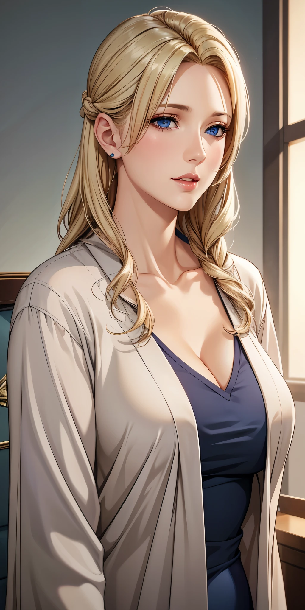 Elegant mature woman, milf, blue eyes, blonde hair, soft light, 4k resolution, high quality, beautiful cg
