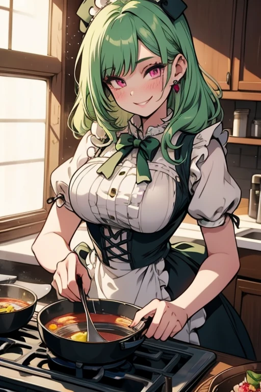 Perfect face. Perfect hands. A light green haired woman with pink eyes with an hourglass figure in a ta maid dress is smiling while cooking in a fancy kitchen