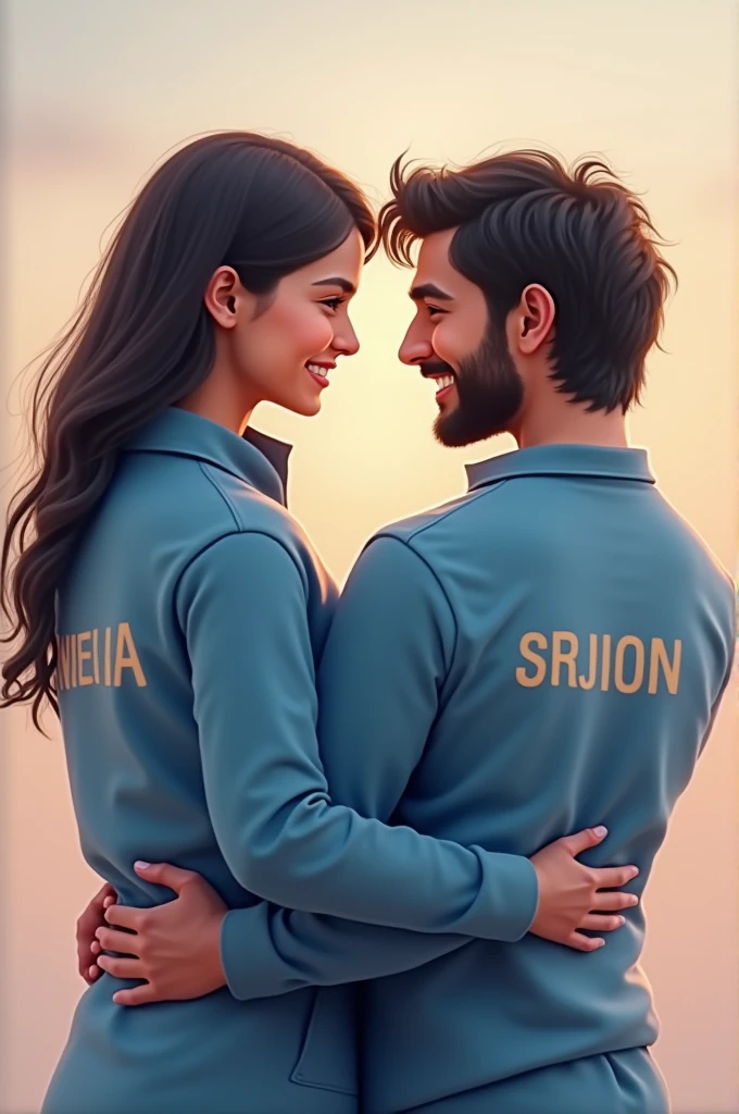 A couple is holding each other hand warmly. They are both dressed in blue outfits— the boy’s shirt features the name "Sneha" prominently in his back, and the girl’s shirt has the name "Srijon" on it in her back. They are smiling at each other, creating a tender and affectionate scene. The background could be a soft, neutral color or a gentle, romantic setting to complement their connection.