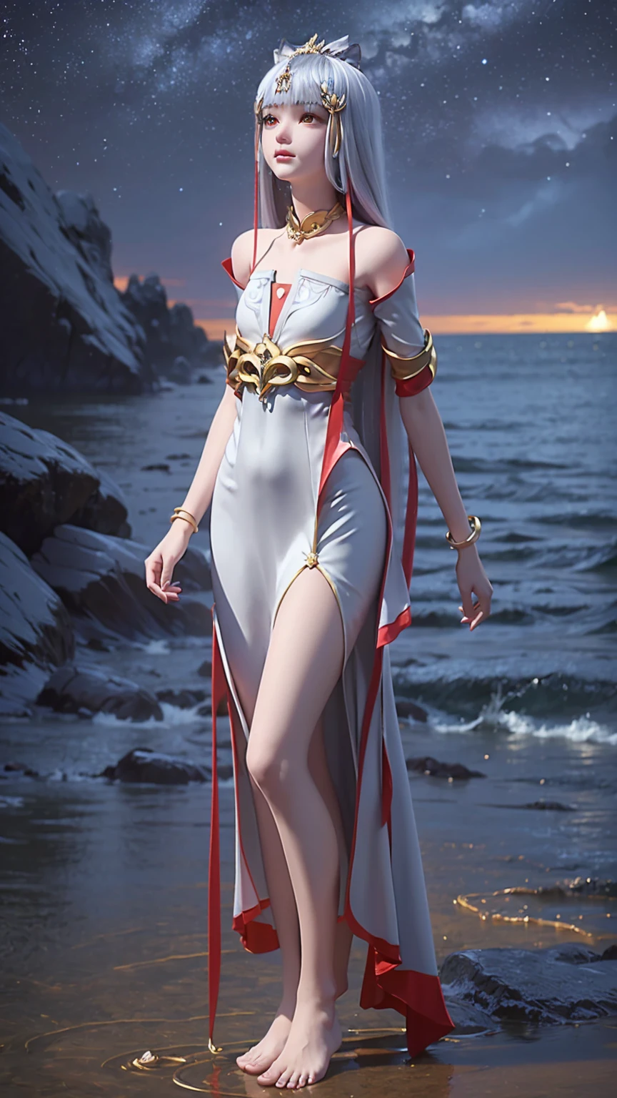 ((Biologically correct number of limbs))、(( Full body image(Including the face)))、4K、masterpiece、((Focus on the face))、((Symmetrical facial features))、The eyes are described in detail、Beautiful woman、Outstanding style、Beautiful arms、Beautiful legs、beautiful hands、(slim)、Facial details、Small earrings、necklace、(white shiny、Shiny dress、barefoot、radiant skin)、(Beautiful legsのアップ)、Sweat,Starry Sky,Starry Sky背景,Deep View,above water
