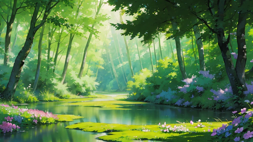 a little river in the forest together with some flowers, greenery and sunlight