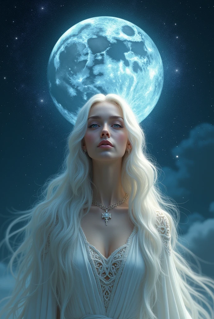 Moon Goddess　The background is a fantastic starless night　Face is clearly visible from the front　Celtic white clothing　smile