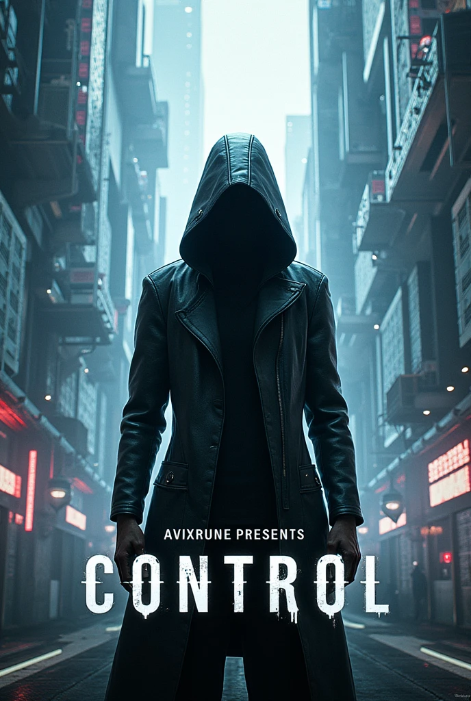 Make a game poster which is set in future and based on a futuristic theme on the centre the title should be "Control" and above it in small font write "avixrune presents".