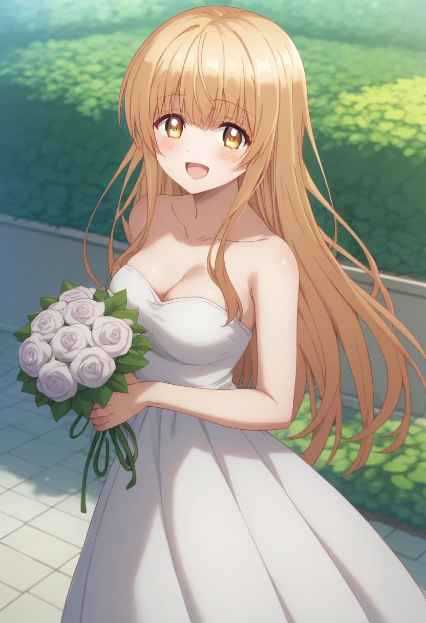 score_9, score_8_up, score_7_up, rating_explicit, 1girl, solo, Mahiru Shiina, otonari no tenshi-sama ni itsu no mani ka dame ningen ni sarete ita ken, shiina mahiru \(otonari no tenshi-sama\), yellow eyes, blonde hair, long hair, straight hair, medium breasts, strapless, weeding dress, white dress, cowboy shot, looking at viewer, holding bouquet, standing, outdoors, garden, blush, smile, :d, open mouth