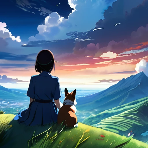anime landscape of a girl＆cute corgidog sitting on a hill with grasses with dark blue clouds, blue cere madder sky  lightly big bell   with few clouds, anime nature wallpapers, beautiful anime scene, beautiful anime peace scene, Makoto Shinkai Cyril Rolando, beautiful scene of anime, amazing wallpaper, anime art wallpaper 8k, anime background, art anime background, anime 4k wallpaper, anime art 4k wallpaper, anime art 4k wallpaper,  prayer of requiem  prayer of requiem