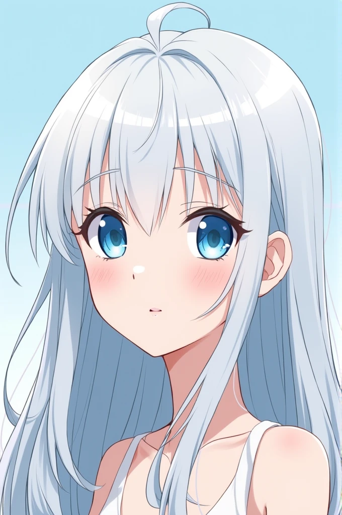 create an anime style image of an 18 year old, who has long white hair and blue eyes.