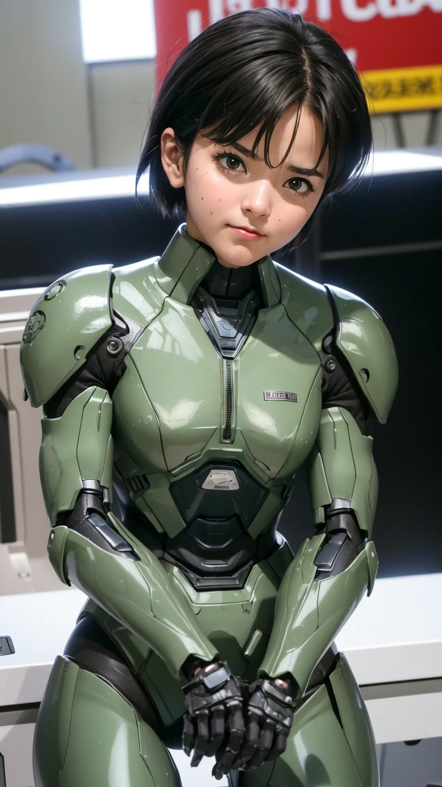 Textured skin, Super Detail, Attention to detail, high quality, 最high quality, High resolution, 1080P, hard disk, beautiful,(War Machine),beautifulサイボーグ女性,Dark Green Mecha Cyborg Girl,battle,Girl with a mechanical body,、 girl　Very Short Hair、Sweaty brown eyes、Sweaty face、Embarrassed expression　blush　Cute Smile　Black-haired　((Steam coming out of the head)) Glasses　squat　Spread your legs　M foot opening　(Shyness) headgear　　((Steam comes out from all over the body))