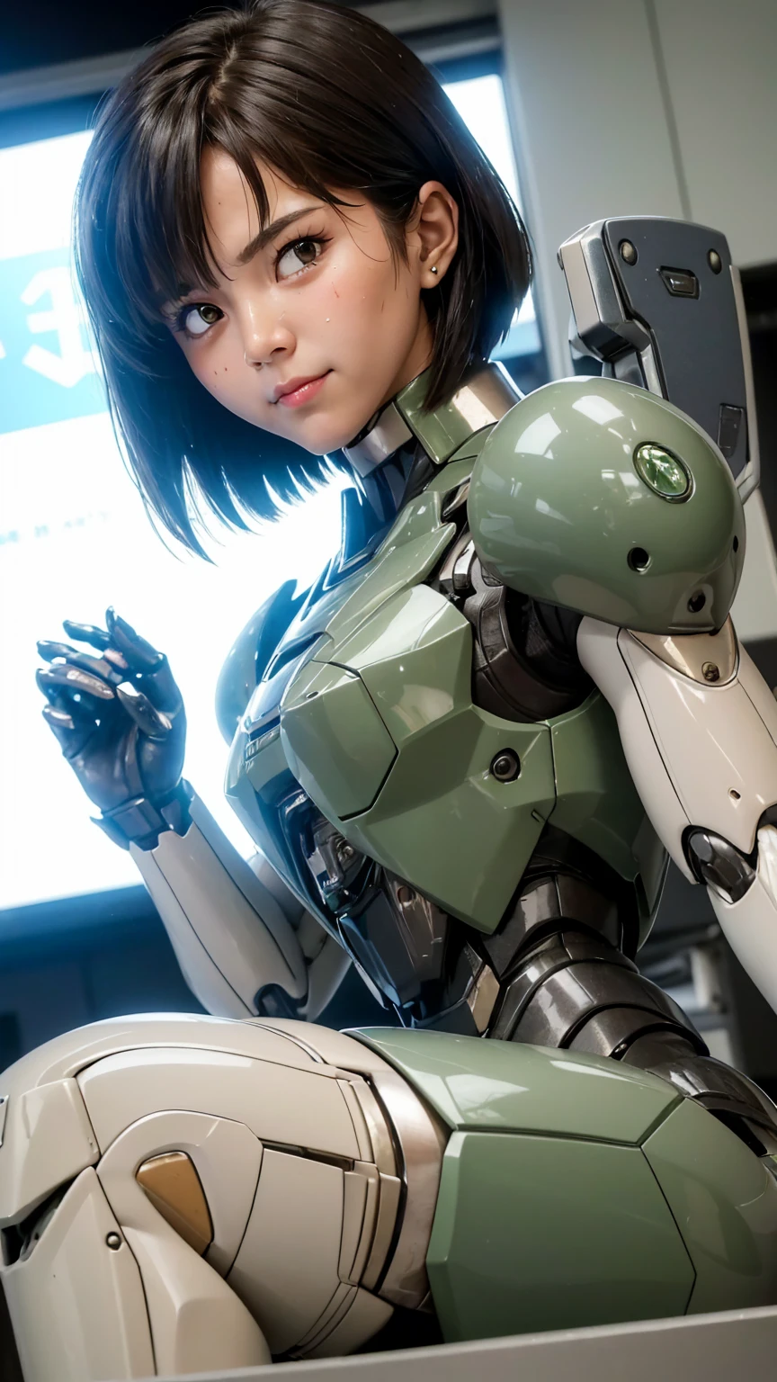 Textured skin, Super Detail, Attention to detail, high quality, 最high quality, High resolution, 1080P, hard disk, beautiful,(War Machine),beautifulサイボーグ女性,Dark Green Mecha Cyborg Girl,battle,Girl with a mechanical body,、 girl　Very Short Hair、Sweaty brown eyes、Sweaty face、Embarrassed expression　blush　Cute Smile　Black-haired　((Steam coming out of the head)) Glasses　squat　Spread your legs　M foot opening　(Shyness) headgear　　((Steam comes out from all over the body))