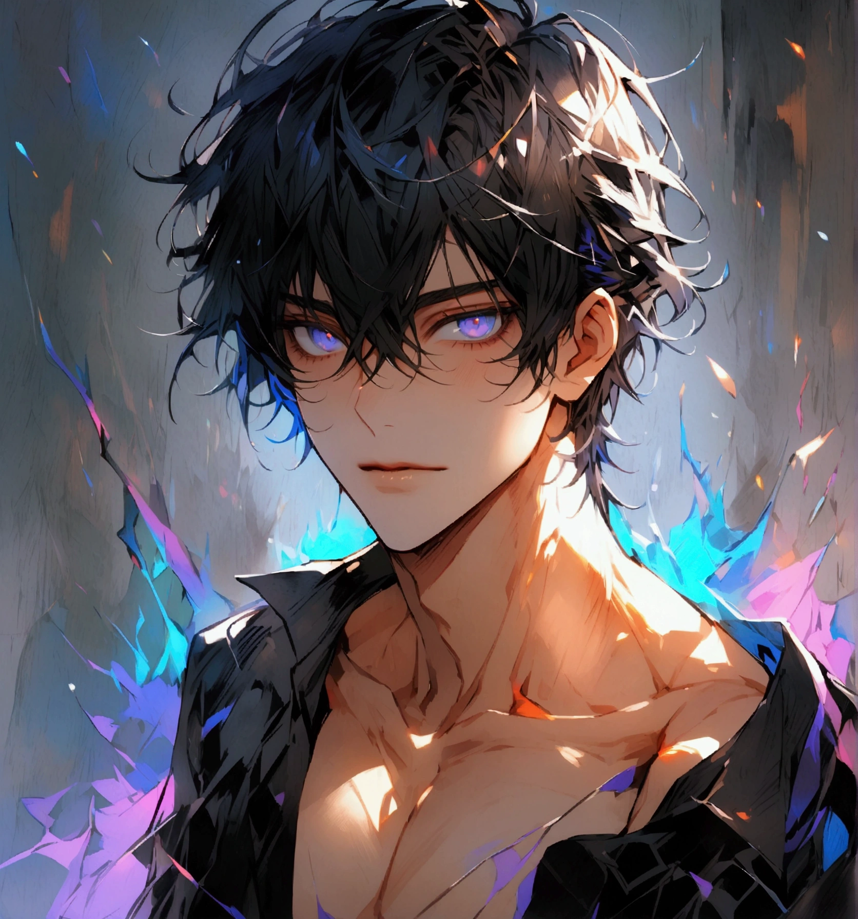 shirtless Anime male with black hair wolf ears and blue eyes and piercings