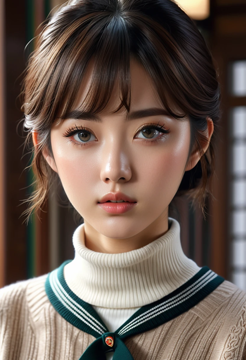 1girl, yamagishi fuuka, gekkoukan high school uniform, turtleneck sweater, intricate details, high quality, hyperrealistic, photorealistic, 8k, extremely detailed, masterpiece, beautiful detailed eyes, beautiful detailed lips, extremely detailed face, long eyelashes, realistic lighting, warm color palette, cinematic composition, dramatic lighting, impeccable rendering