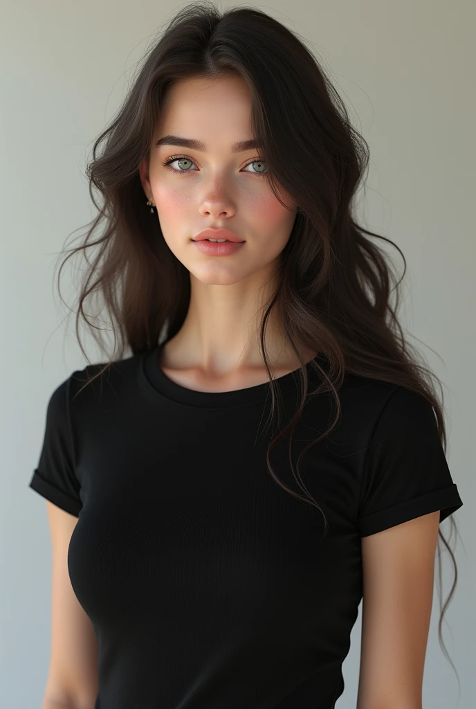 High Quality, Best Quality, Photorealistic, Raw Photo, Realistic, Ultra Real 8K CG, Ultra Detail, High Definition, Masterpiece, 1 Girl, standing, wearing black baby tshirt and midi skirt, perfect figure, 23 yrs ols, Female Beautiful Face, Soft Face, Elegant, Long Hair, Blue Eyes, Light Blue Eyes, Close Up, Intricate Details, Detailed Textures, Fine Details, Front Face , female natural body, sexy, very beautiful young female face, 