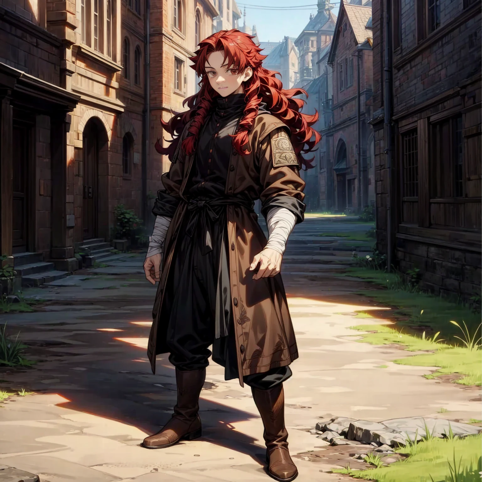 Solo character, full body version, young man, muscle, tall height, brown eyes, red color hair, long curly hair, casual clothing, black color clothing, bandage, boots, outdoor, village, medieval, morning, detailed background, detailed clothing, detailed hair, happy, (Hunter x Hunter style art), standing gesture 