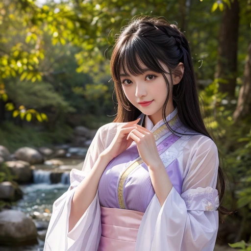 best quality, Delicate face，beautiful visual work, lifelike, eternity, black hair, Long curly hair, blunt bangs, Smile, Detailed Background, Delicate face，blush，cold，((masterpiece))、(top quality)、8k、high detail、Super detailed，31-year-old female，身穿唐制Hanfu、waist skirt, Clothes are light and fluffy，Hanfu, wide sleeves, Transparent sleeves, Long sleeve, Tunic, Clothes made of chiffon, masterpiece、born、Scenes resembling fairy tale illustrations、intricate details和複雜的設計、Beautifully、magic、capricious、 Beautifully、Dream aesthetics、「𝓡𝓸𝓶𝓪𝓷𝓽𝓲𝓬、ethereal、charming、fickle、magic」、realism、Visual effects、FXAA、SSAO、Shader、voiceless、ambient lighting、Tone mapping、High resolution、Ultra high quality、Million pixels、(8K resolution:1.10)、8k、8k以下、8K resolution、high detail、intricate details， (high quality:1.2、masterpiece:1.2、:1.21)、(31-year-old female:1.21)、(興奮地Smile)、(被dream般的氛圍所包圍、Model diagram，full-body shot，Normal 2 feet，Put your hands behind you，The protrusion of the breast is visible when wearing clothes, Large Breasts, H cup chest, antiquity, Xian Xia, gauze clothes, Soft and fluttering, Fairy, dream, fantasy, light, Elegant, nature, Immortal, romantic, classical, ribbon, light purple clothes，In the forest，tulle blouse