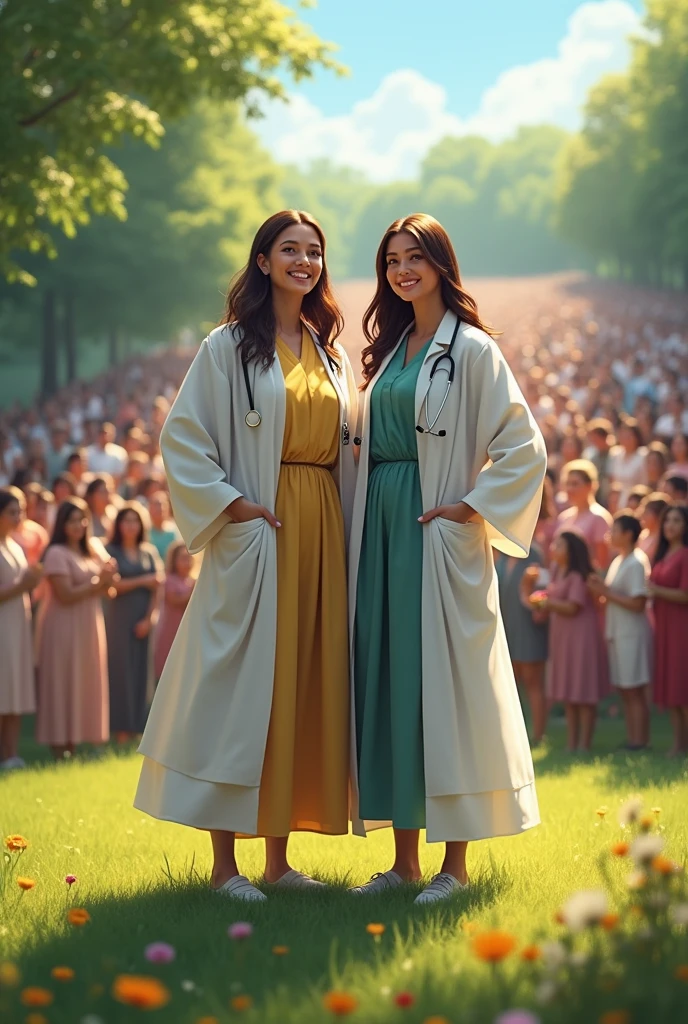 two woman medical student wearing toga graduation in a field of many people
