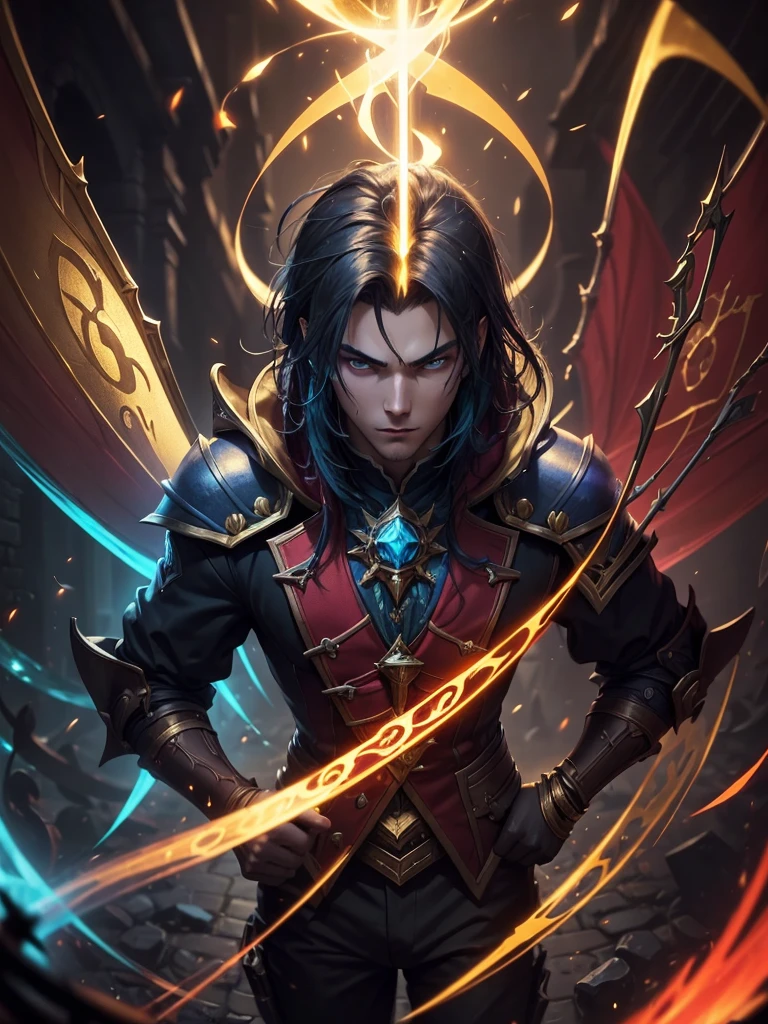 ((best quality)) , ((masterpiece)) , (detailed),League of Legends splash art depicting the card master Zed, holding playing cards, in a dark alleyway background, with a gold and red color scheme, and yellow and blue colored magical light beams floating around him, as cards fly everywhere in the style of the artist.