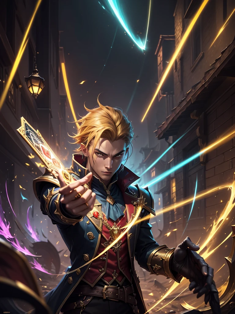 ((best quality)) , ((masterpiece)) , (detailed),League of Legends splash art depicting the card master Zed, holding playing cards, in a dark alleyway background, with a gold and red color scheme, and yellow and blue colored magical light beams floating around him, as cards fly everywhere in the style of the artist.