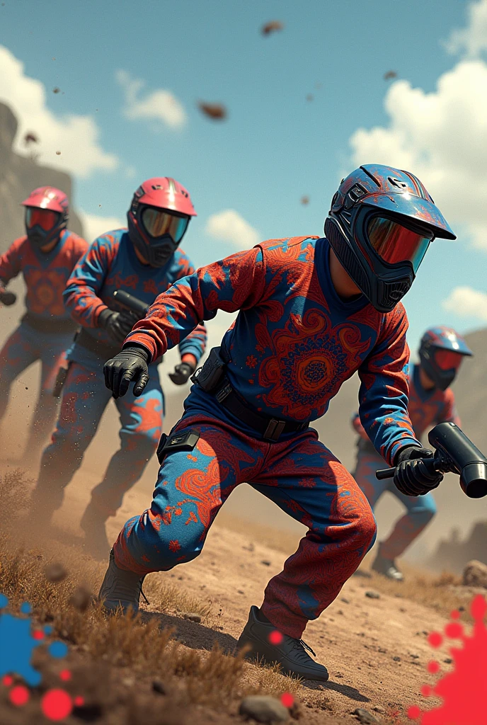 Generate an image.
Paintball players with lots of color and design