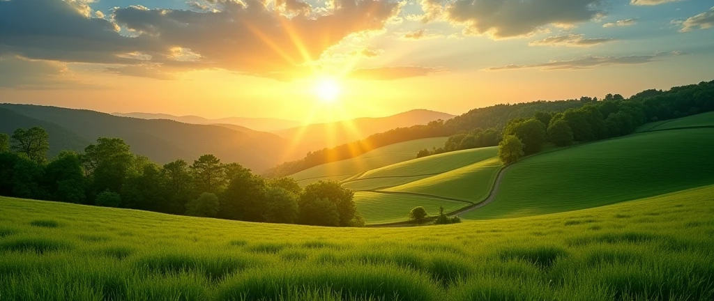 The sunset transforms the landscape into a palette of warm and soft colors, painting a serene picture of nature. As the sun tilts towards the horizon, Its golden rays bathe the green fields in a warm, resplendent light.. The vibrant shades of green of the grasses and trees blend with the golden glow of the sun, creating a fascinating contrast that enhances the texture and nuances of the landscape.
The sun's rays filter through the leaves of the trees, casting long, delicate shadows on the ground. The rolling hills and valleys are bathed in a soft light that highlights the shapes and contours of the terrain., while the sky, in transition from blue to a faint orange, add a touch of magic to the environment.
The fresh evening air caresses the face, Carrying with it the scent of fresh grass and earth. The landscape seems to be enveloped in an atmosphere of calm and peace., inviting contemplation and rest. In this magical moment, The beauty of the green landscape is revealed in all its glory, reminding us of the tranquility and majesty of nature in its purest state. 4k Hd FULL