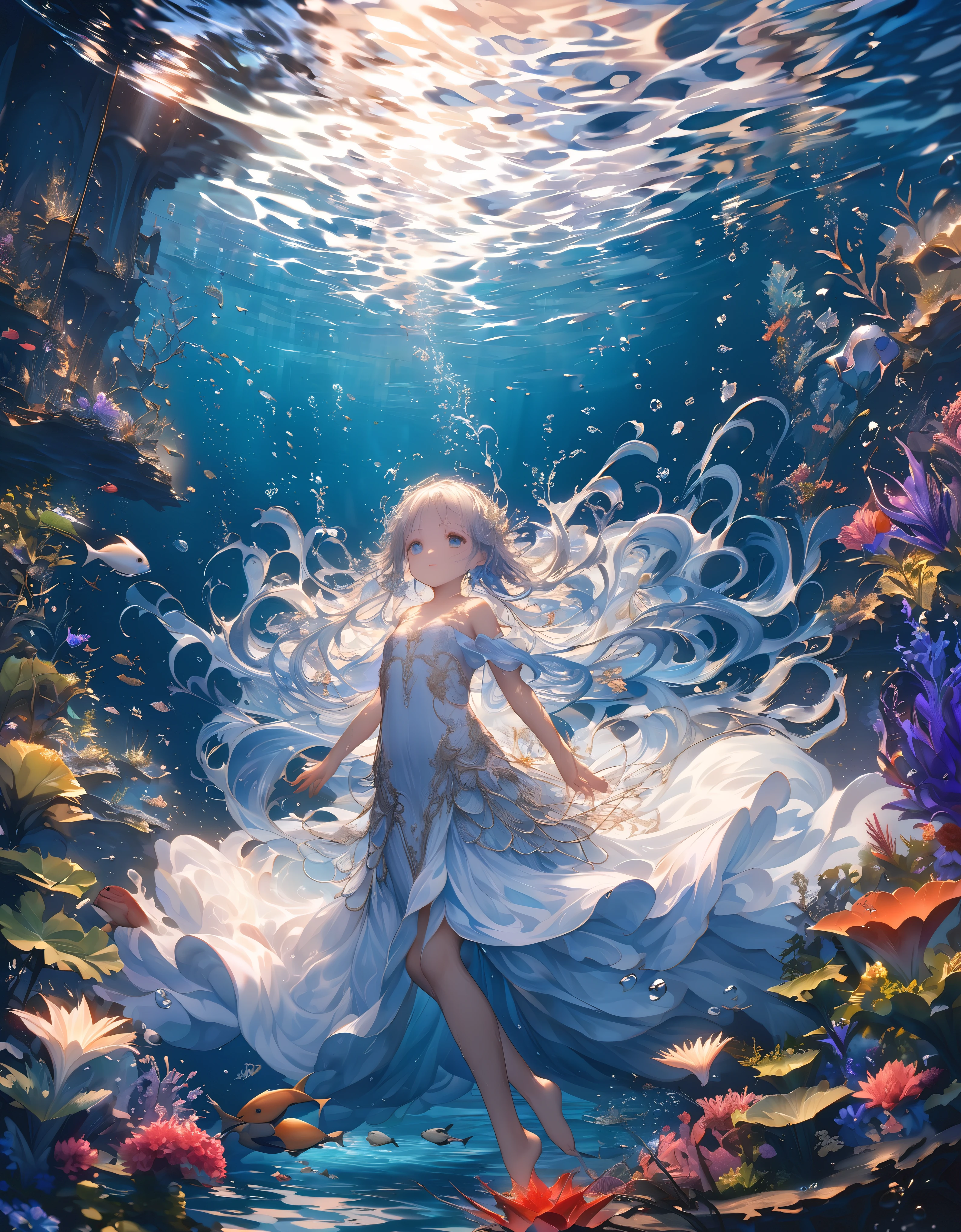 (full body), (solo), (A 7-year-old girl:1.2), (very young little girl), loli, (Solo), (small breast), (wide angle), raw photo, Aesthetic, Convoluted, Awarded, chiaroscuro, Best Quality, Detailed background, (underwater atmosphere:1.2), (underwater photo, floating drowning:1.1), ((Girl in very long white dress:1.2)), (very wet dress:1.1), detailxl, As the petite girl descends into the depths of a serene, crystal-clear body of water, her grand white silk dress undergoes a transformation, becoming a part of the aquatic ballet that unfolds beneath the surface.

The silk, once light and airy, now takes on the weight of the water, its fibers absorbing the liquid, becoming heavier and more substantial. The dress clings to her body, revealing the contours of her form in a way that is both graceful and ethereal. The fabric, saturated and flowing, takes on the appearance of a second skin, a delicate shell that encapsulates her petite frame.

The lace that once danced in the breeze above now undulates with the currents of the water, its intricate patterns becoming a part of the underwater tapestry. The lacework, now submerged, seems to take on a life of its own, its delicate threads swaying and twisting with the gentle pull of the water, creating a mesmerizing dance of shadows and light.

The embroidery on the bodice, once a garden of flowers on solid ground, now appears as if it is blooming underwater. The threads, now wet, seem to glisten with a new vibrancy, the colors deepening and becoming more intense as they reflect the refracted light of the watery realm.

The ruffles and flounces of the gown, once a cascade of airy elegance, now ripple and sway with the motion of the water, creating a flowing effect that is both hypnotic and serene. The layers of tulle and silk, now heavy with water, move with a slow, deliberate grace, as if the dress itself were a part of the aquatic ecosystem.
once a symbol of grandeur and poise, now trails behind her like a mermaid's tail