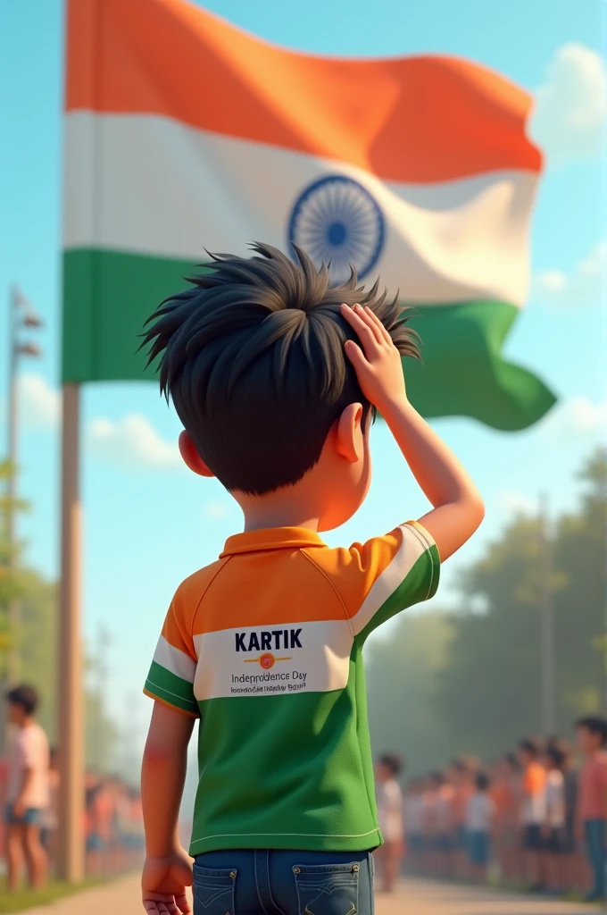 Boy saluting Indian flag by wearing Indian flag colour tshirt with printed name kaif