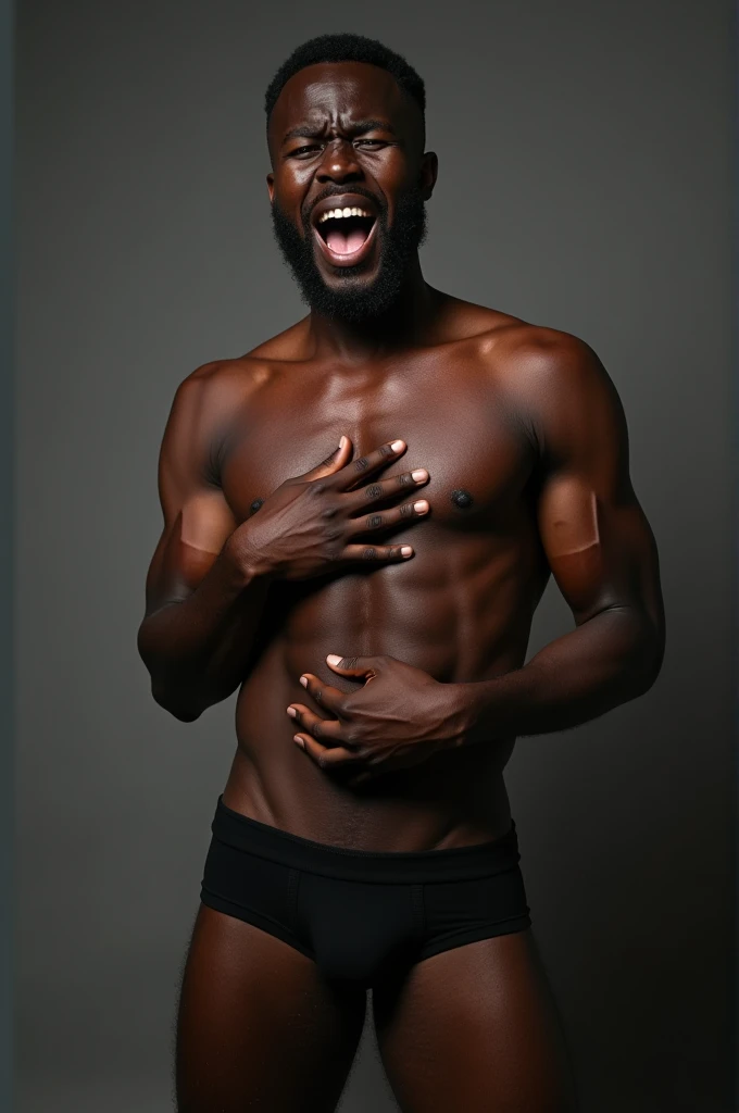 Make a black man in underwear with his hand on his nipple and moaning