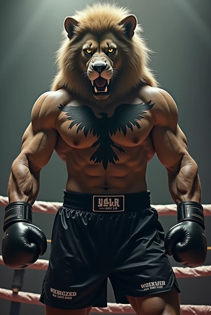 Make a boxer wereing black gloves and wereing black short in boxing ring hed like a lion body like mike tysons and crow tatoo on chest