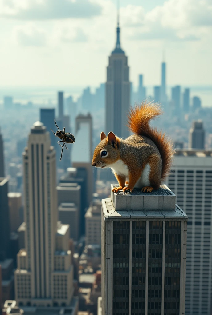 A squirrel on top of a skyscraper, with a giant insect flying nearby, the city skyline spread out below.