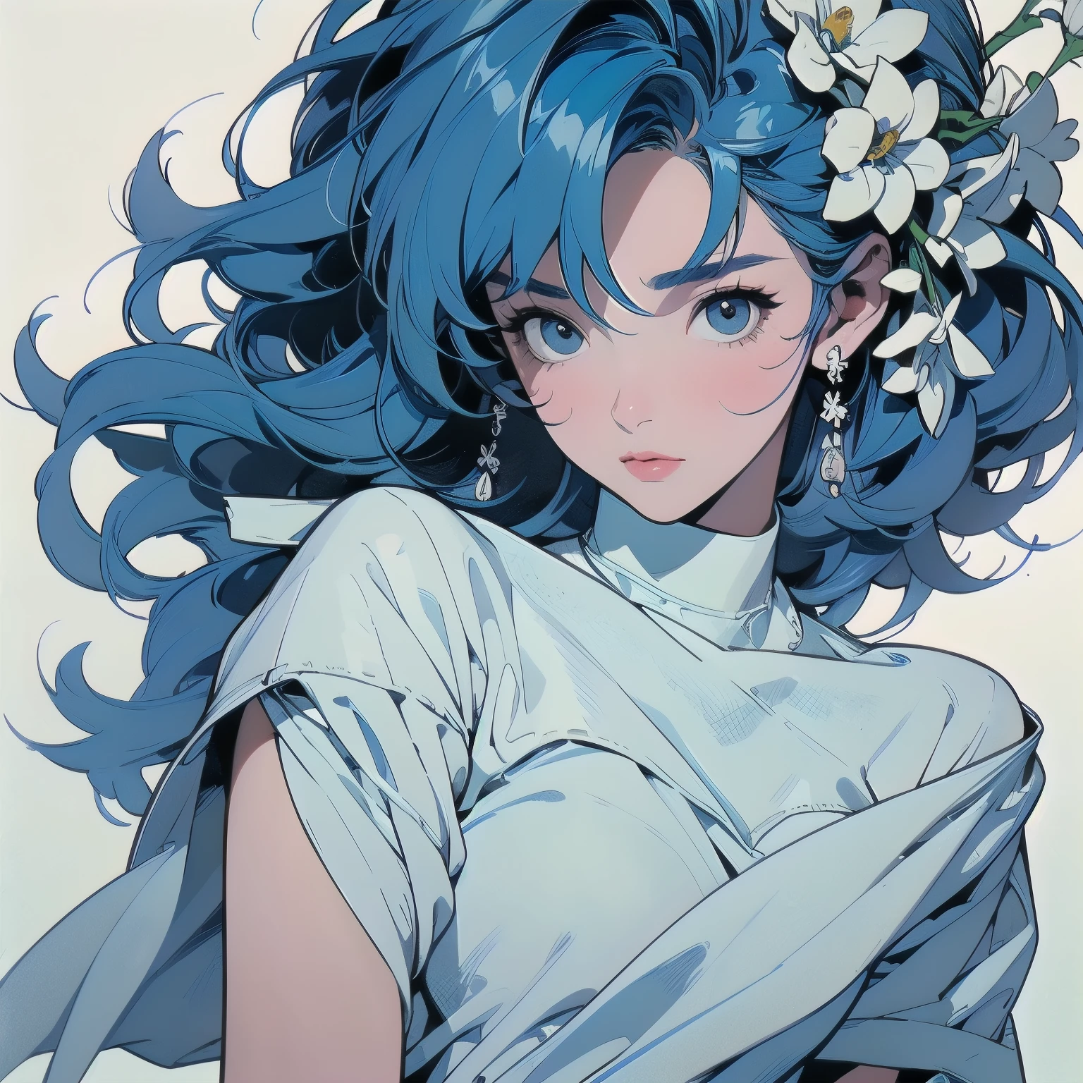 trigun、Persona、Beautiful woman、Movie Posters、Upper Body、Model Pose、mysterious、Small breasts、Short sleeve、(((Blue hair color)))、(((Covered in white cloth)))、Many white flowers、White fluffy cloth、Big white ribbon