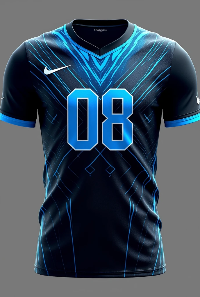 Create several images of black and blue volleyball shirt ideas, front and back, with beautiful details, without any writing, just the number 08 with a gradient at the beginning of the shirt, beautiful details that draw attention with white or dark blue lines in the middle of the shirt