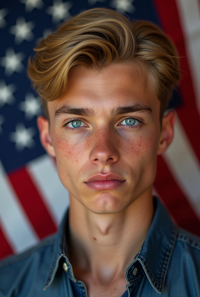 A 17 year old man, white-skinned, blonde and blue eyes. With the US flag in the background. With realistic graphic