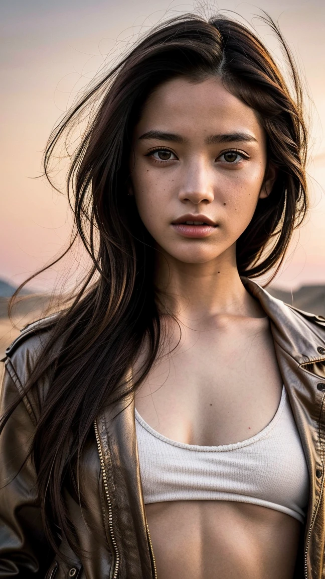 masterpiece, Transition to a desert landscape at sunset, a lonely figure, A beautiful 13-year-old American teenager emerges wearing beautiful post-apocalyptic nomadic clothes., White skin, by rubio, gray blue eyes, Freckles in the face, slim body for running, small breasts, Very detailed face, ultra realistic face, very beautiful face, clean but tired face, post-apocalyptic clothing. Layers of tattered fabric, unconventional accessories, and a worn appearance create an aura of survival and resistance., 16k, ultra high resolution.photorealistic, HD, raw, DSLR