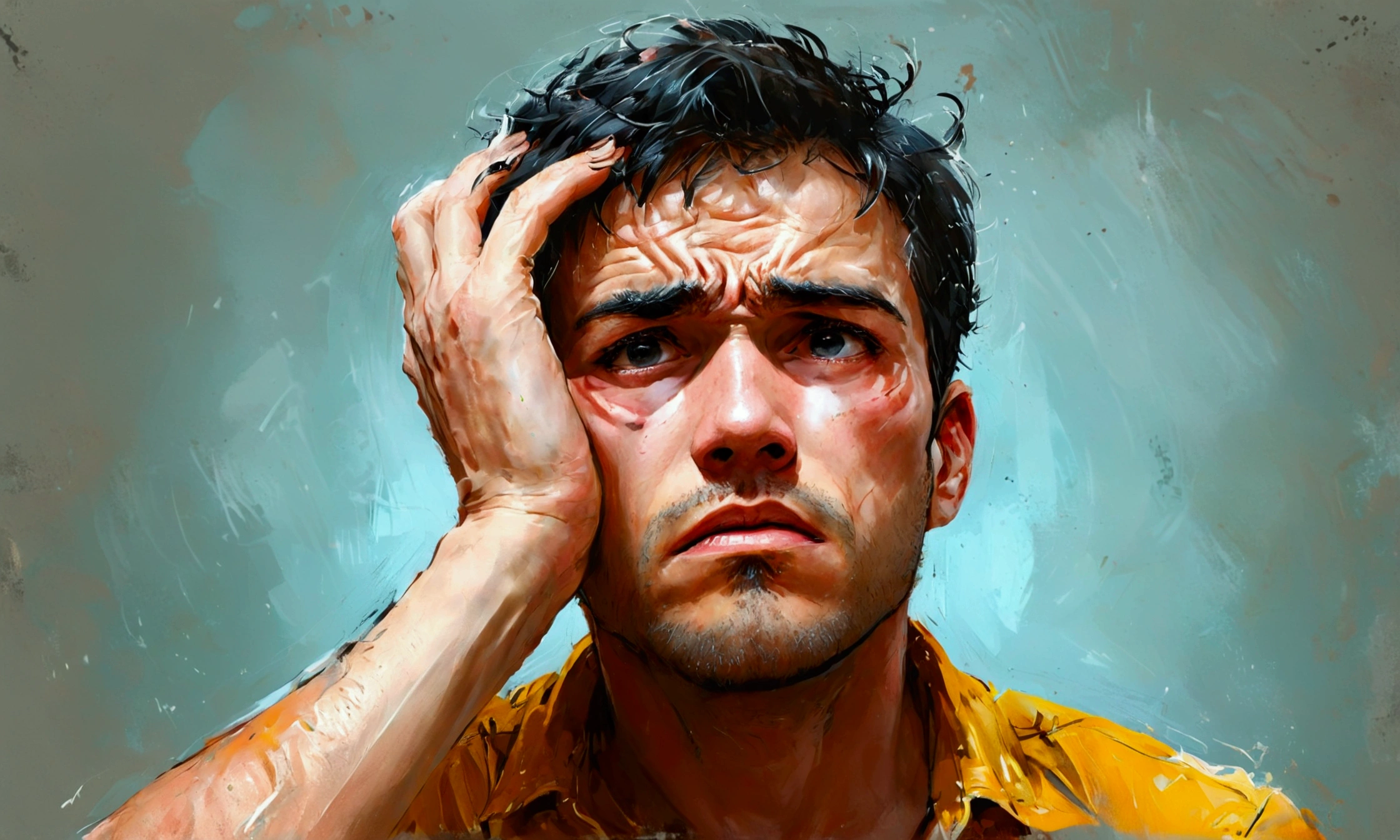 MAN PUTTING HIS HAND ON HEAD FRUSTRATION,FRUSTRATION,FRUSTRATION,manga style art