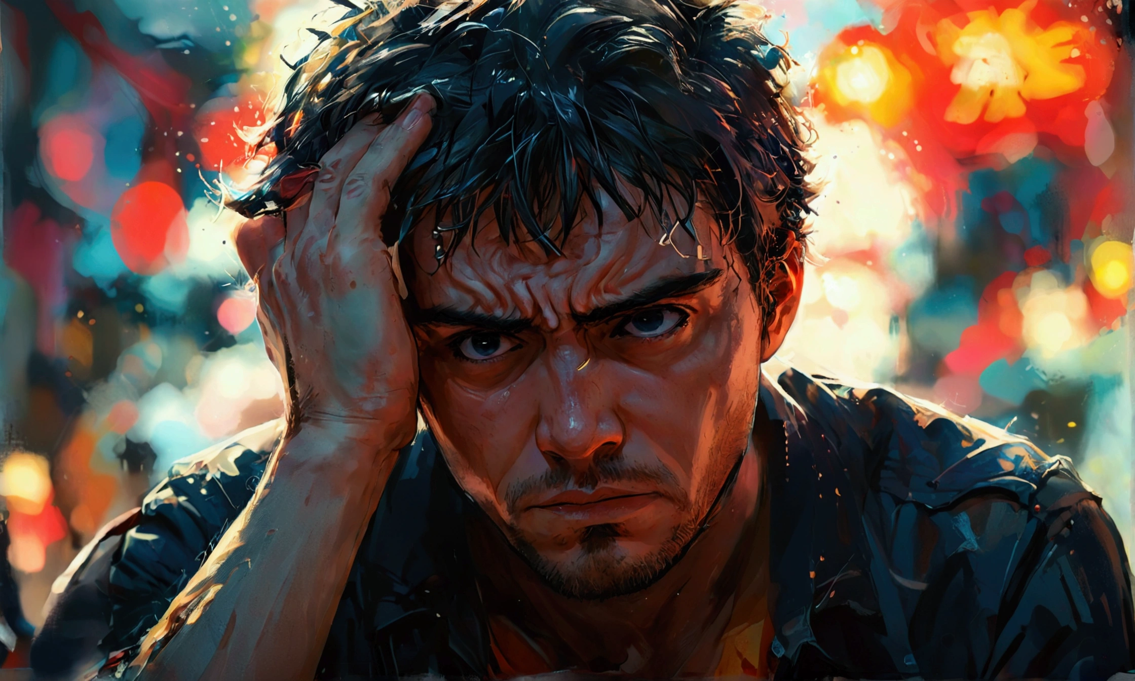 MAN PUTTING HIS HAND ON HEAD FRUSTRATION,FRUSTRATION,FRUSTRATION,manga style art
