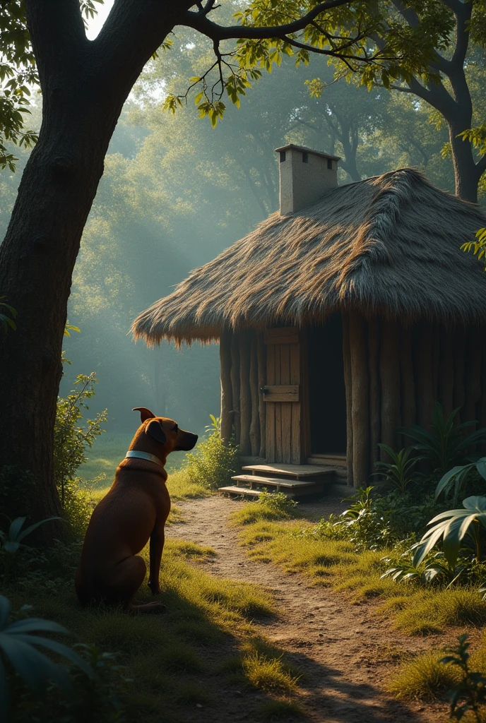 CREATE AN IMAGE OF AN OLD PERUVIAN PEASANT WITH HIS DOG FACING A SHADOW SPIRIT, AMONG YOUR CABIN WITH PLANTANO AND COFFEE TREES 