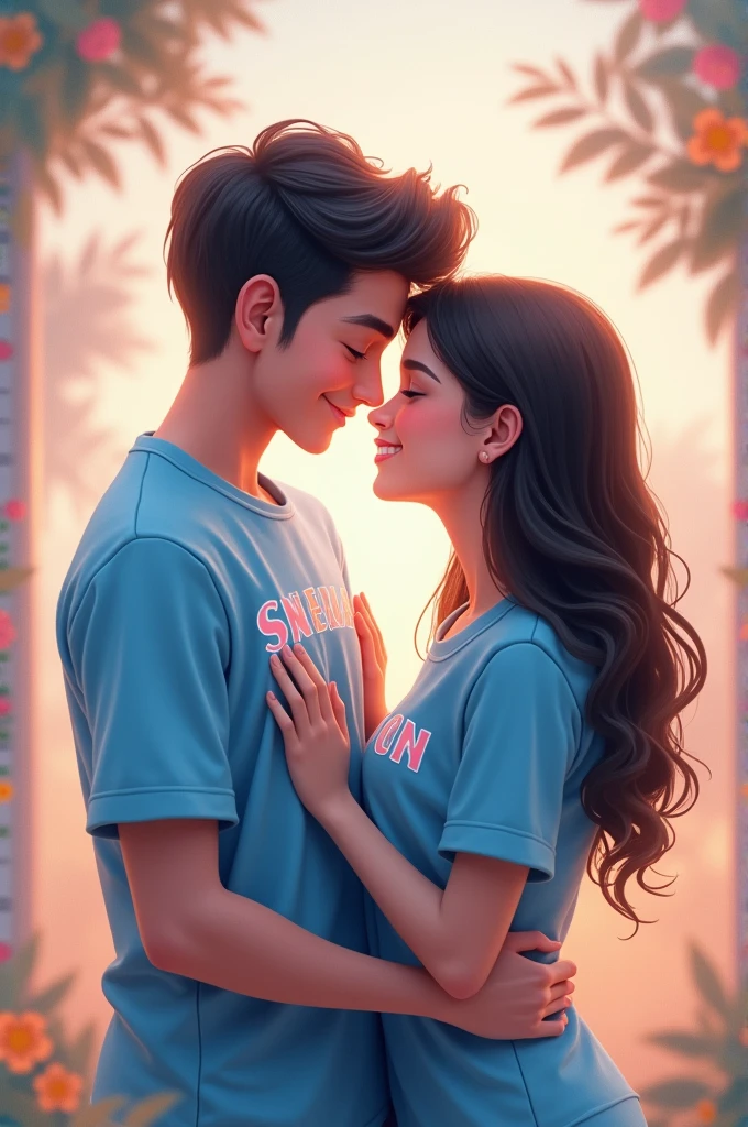 A couple is kissing each other warmly. They are both dressed in blue outfits— the boy’s shirt features the name "Sneha" prominently, and the girl’s shirt has the name "Srijon" on it. They are smiling at each other, creating a tender and affectionate scene. The background could be a soft, neutral color or a gentle, romantic setting to complement their connection.