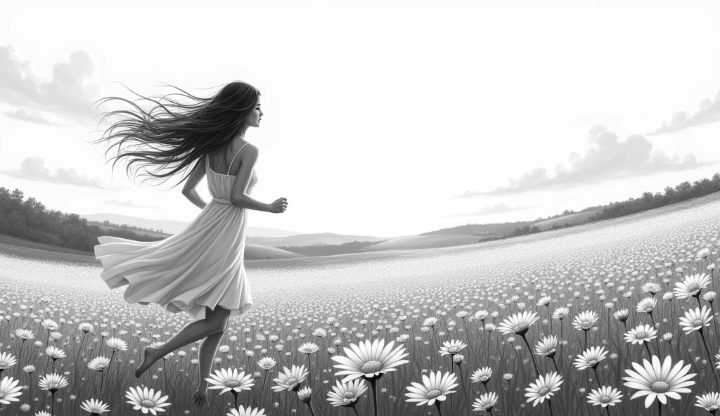 A greeny landscape with ocean of white daisy flowers and the ambience is so light and peaceful where a woman with a long hair and wearing a white dress running in the midst of it but her back only is visible. make the picture from the sky down to landscape. Make the picture like a black n white drawing 