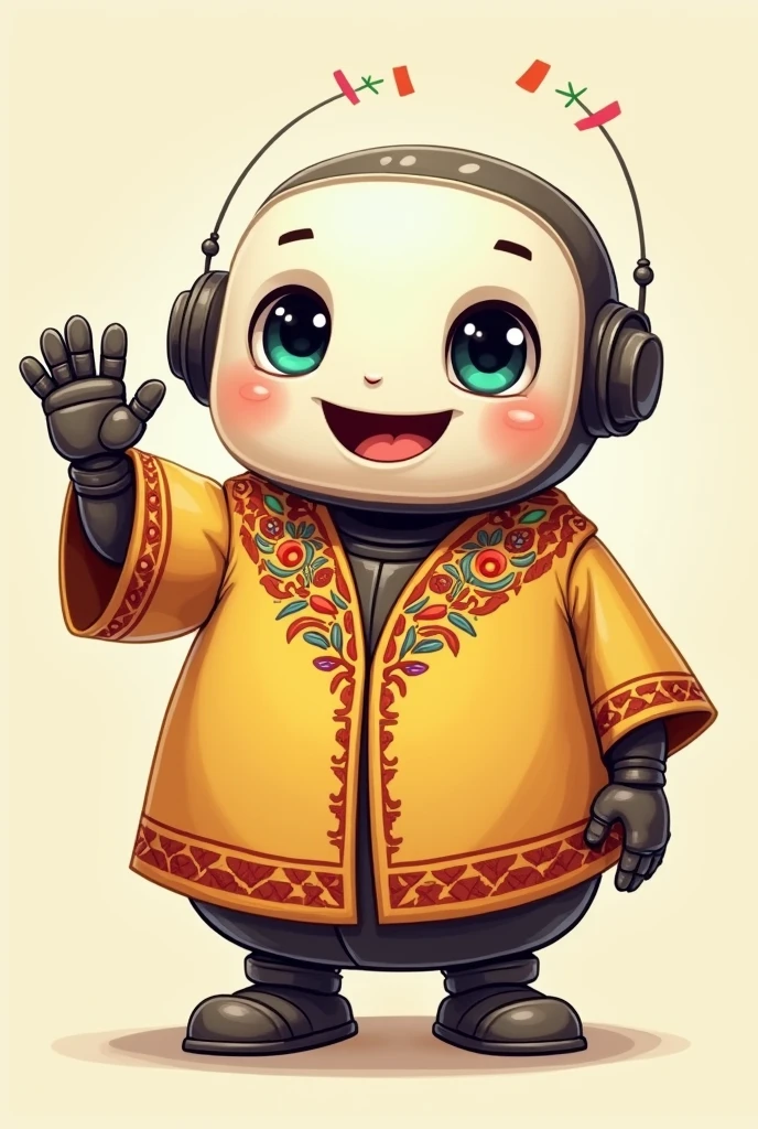 Chubby little friendly robot wearing a long sleeve guayabera shirt from Colombia and waving with one hand