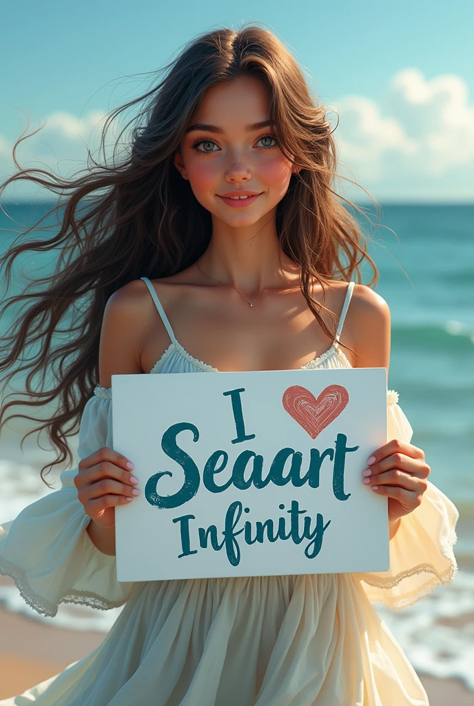 Beautiful girl with wavy long hair, bohemian dress, holding a white board with text "I Love Seaart Infinity" and showing it to the viewer