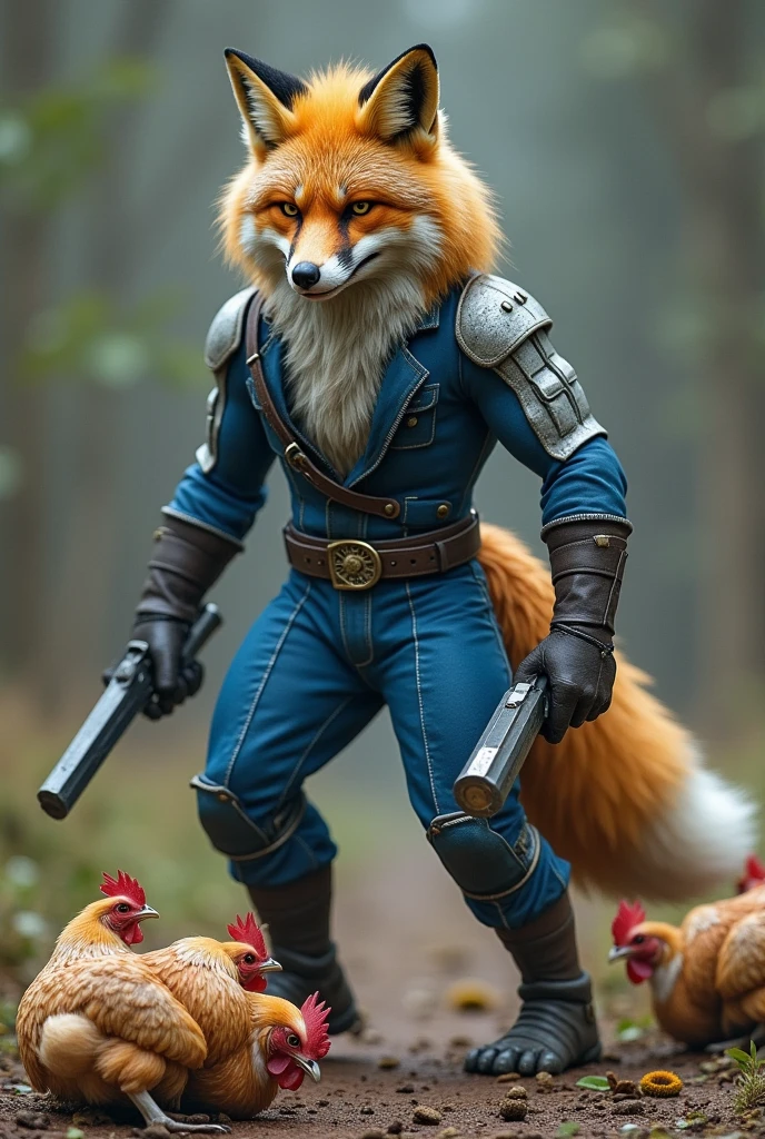 Fox with human features,brawny ,strong legs evil look,wearing a blue and white jumpsuit ,with weapons in their hands and several dead chickens on the ground.