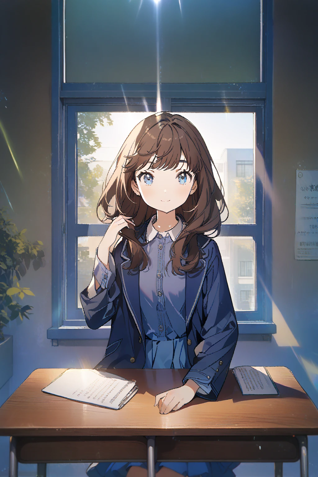 1 girl, CuteStyle, upper body, blue eyes, brown hair, long hair with bangs, dressed in a dark blue dress, dressed in a dark blue jacket buttoned, school dress, at school, windows, sitting at a desk, smile on her face, day, light, rays of the sun, detailed, beautiful, medium chest, looking on the viewer, tired face, calm cute cheerful smile, dynamic, gentle tones